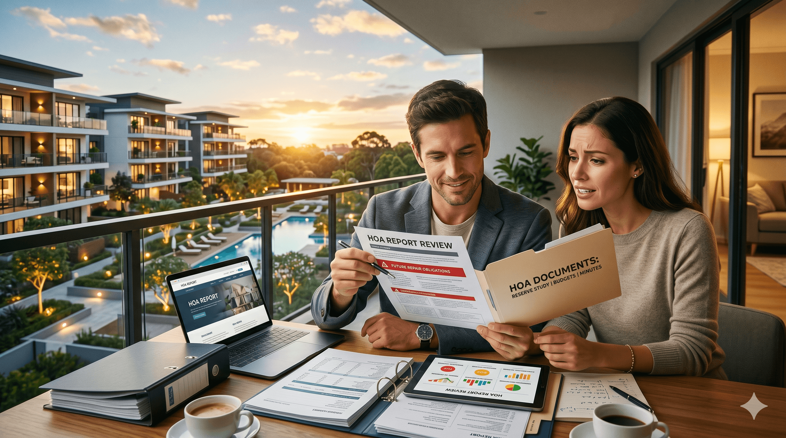 HOA Report review preview showing financial score and risk categories